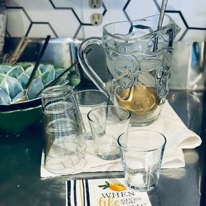 Vintage Glass Pitcher, and Set of 6 Juice Glasses